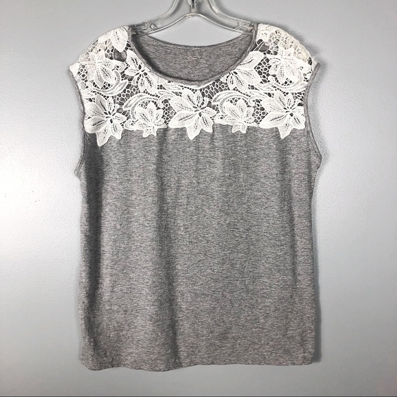 LOFT Tops - Loft Grey White Lace Cap Sleeve Shirt Size L